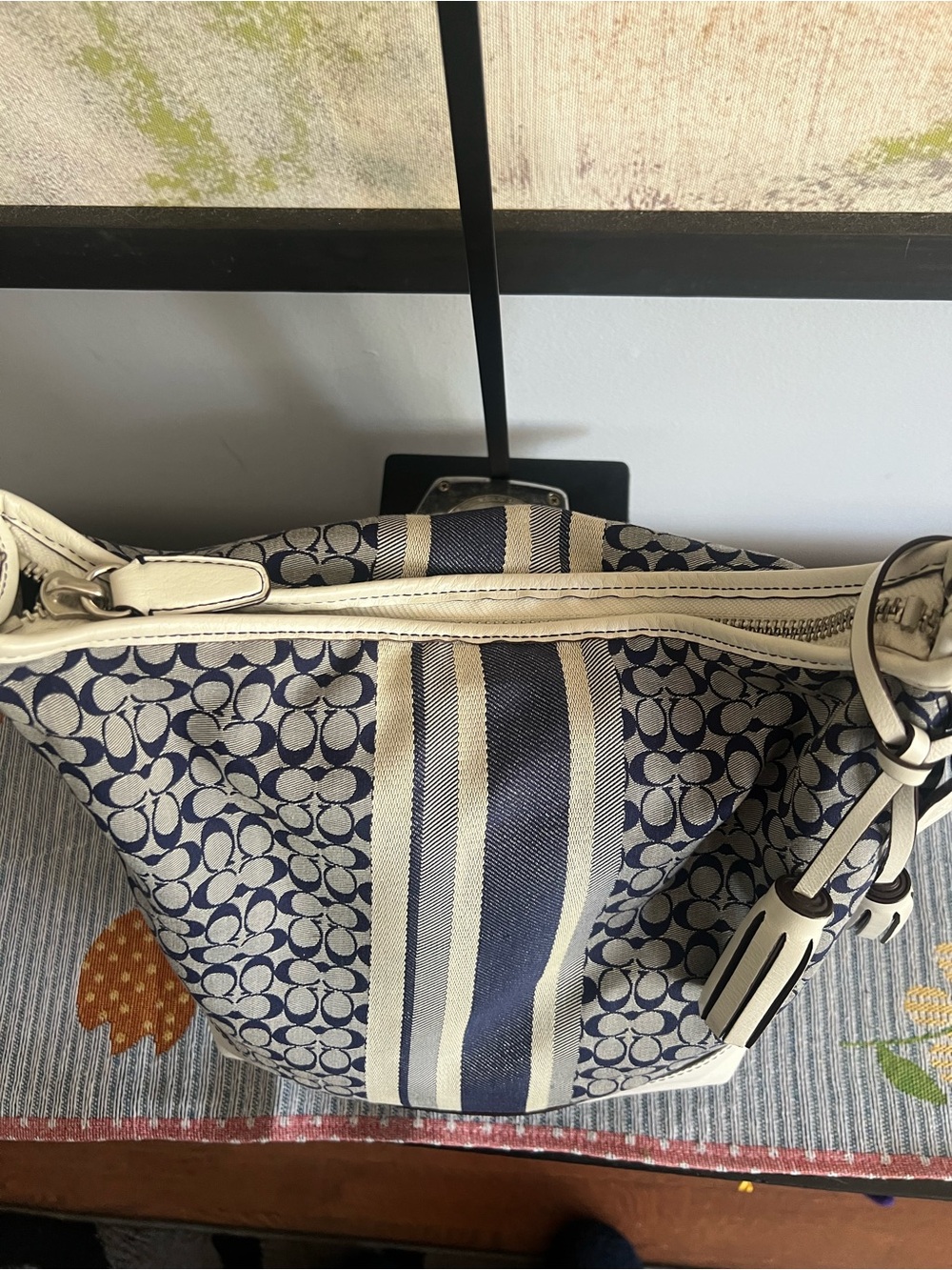 Coach Signature Canvas Stripe Hobo Duffle Bag in Navy and White - Picture 5 of 16